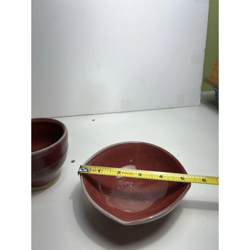 Japanese Studio Pottery Chawan Tea Cup & Bowl Set Red Glaze Signed M